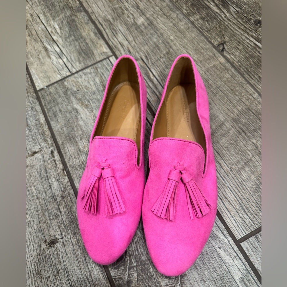 J Crew bright pink loafers with tassels faux suede - Valentine’s Day outfit